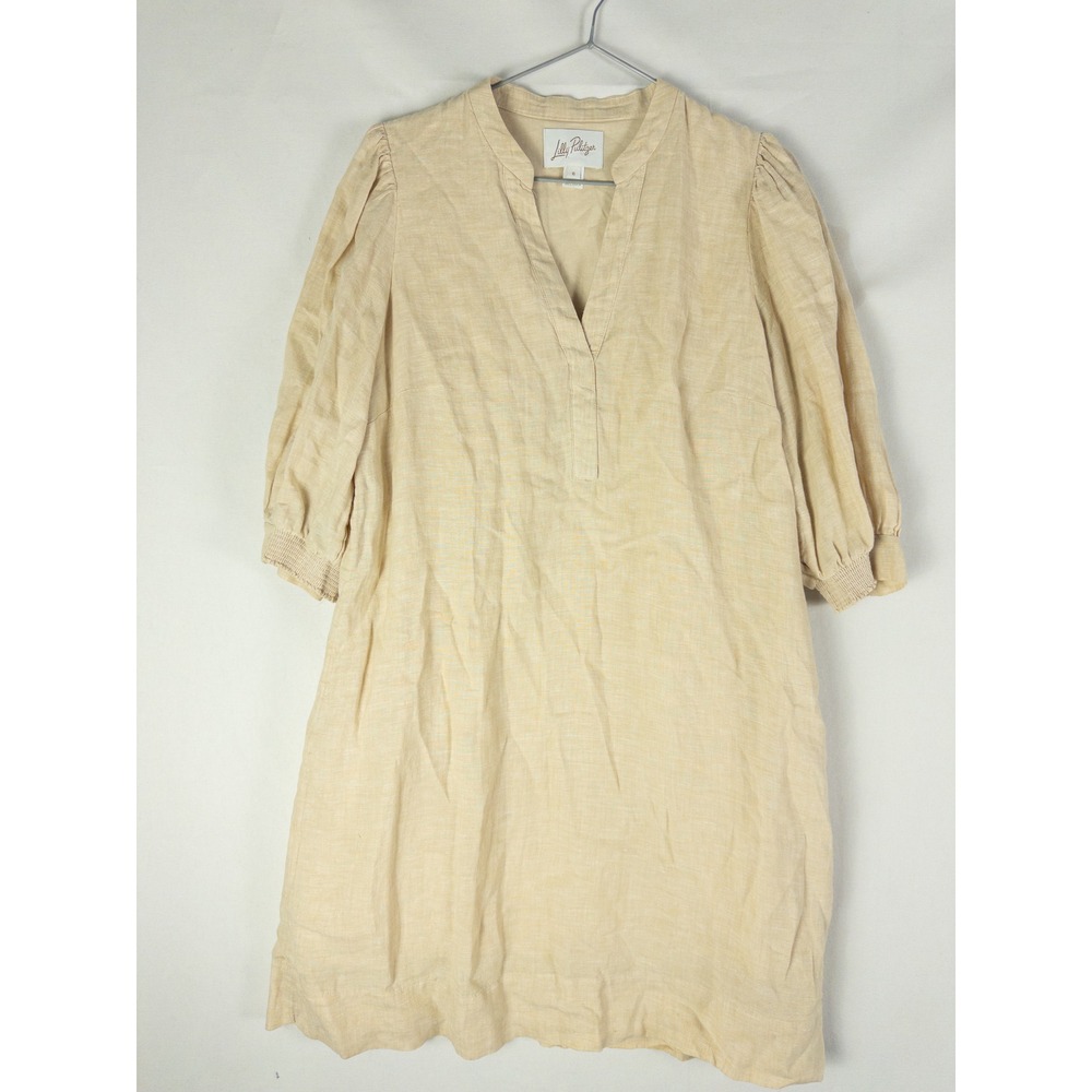 Lilly Pulitzer Linen V-Neck Puff Sleeve Shift Dress Womens 6 Sand Beige Resort C